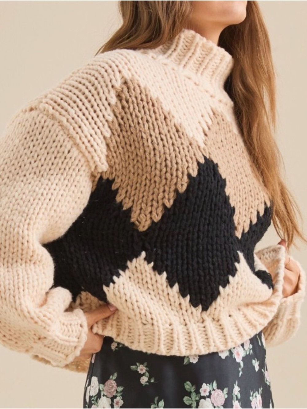 Eden Chunky Chevron Knit Sweater - Cream, Tan & Black